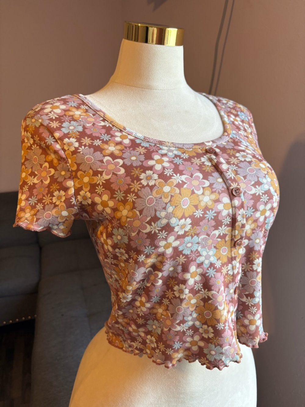 Wildflowers Pink & Yellow Floral Ribbed Scoop-Neck Crop Top